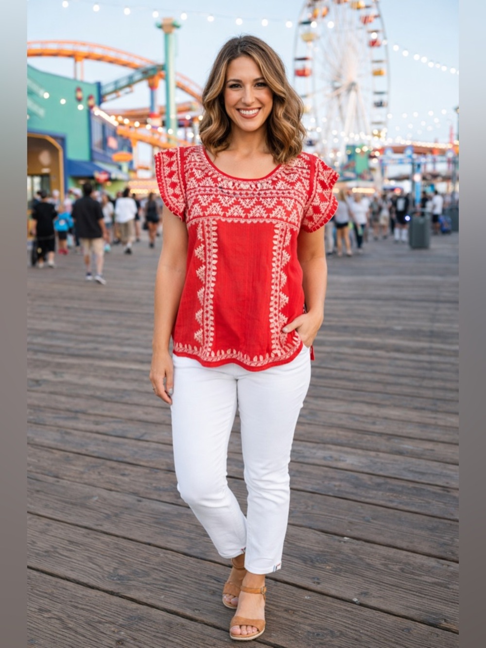 THML Red Embroidered Boho Top | Peasant Blouse Festival Resort. Cool cotton S